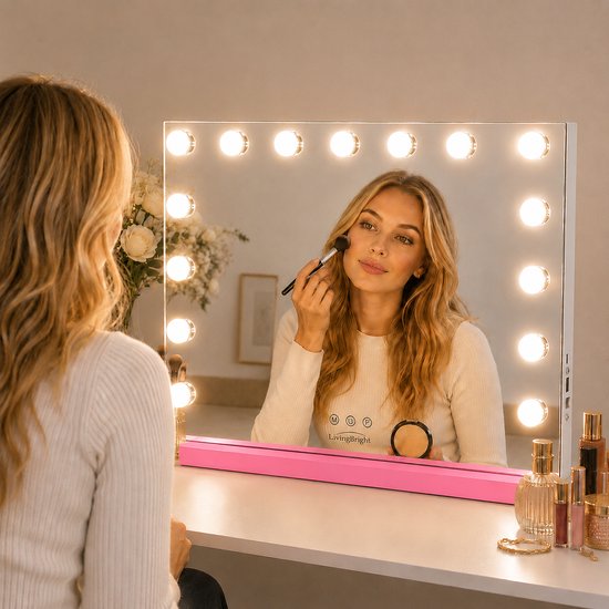 Livingbright - Make Up Spiegel - Hollywood Spiegel met Verlichting 58X46CM - 3 Lichtkleuren - Dimbaar - USB Oplader - Roze - afbeelding 6