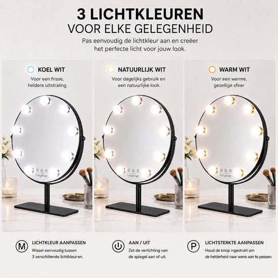 Livingbright - Make Up Spiegel met Verlichting - Rond - Roterend - 9 Leds - Zwart - afbeelding 4