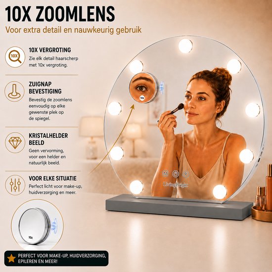 Livingbright - Make Up Spiegel Rond - Hollywood Spiegel met Verlichting 40X47CM - 3 Lichtkleuren - Dimbaar - USB Oplader - Grijs - afbeelding 6