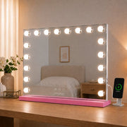 Livingbright - Make Up Spiegel - Hollywood Spiegel met Verlichting 80X60CM - 3 Lichtkleuren - Dimbaar - USB Oplader - Roze - afbeelding 8