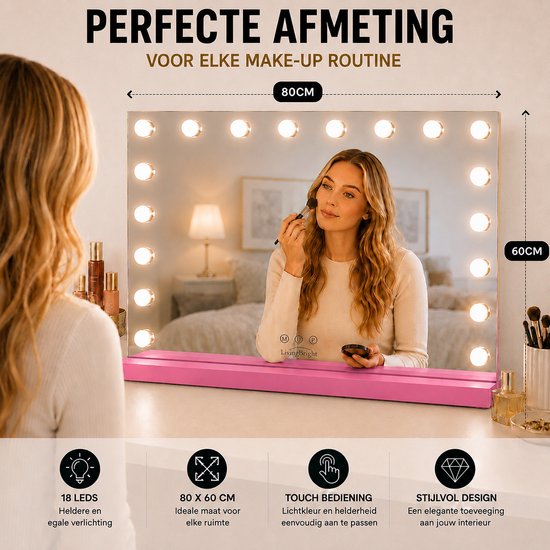 Livingbright - Make Up Spiegel - Hollywood Spiegel met Verlichting 80X60CM - 3 Lichtkleuren - Dimbaar - USB Oplader - Roze - afbeelding 12