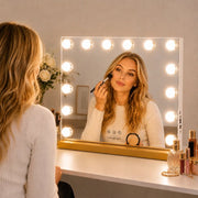 Livingbright - Make Up Spiegel - Hollywood Spiegel met Verlichting 50X40CM - 3 Lichtkleuren - Dimbaar - USB Oplader - Goud - afbeelding 6