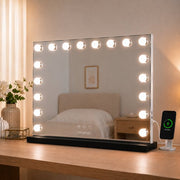 Livingbright - Make Up Spiegel - Hollywood Spiegel met Verlichting 80X60CM - 3 Lichtkleuren - Dimbaar - USB Oplader - Zwart - afbeelding 7