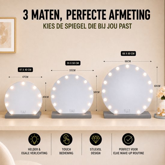 Livingbright - Make Up Spiegel Rond - Hollywood Spiegel met Verlichting 50X55CM - 3 Lichtkleuren - Dimbaar - USB Oplader - Grijs - afbeelding 9