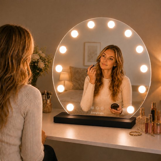 Livingbright - Make Up Spiegel Rond - Hollywood Spiegel met Verlichting 50X55CM - 3 Lichtkleuren - Dimbaar - USB Oplader - Zwart - afbeelding 8