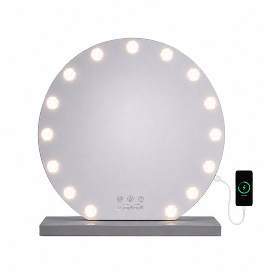Livingbright - Make Up Spiegel Rond - Hollywood Spiegel met Verlichting 60X66CM - 3 Lichtkleuren - Dimbaar - USB Oplader - Grijs - afbeelding 1
