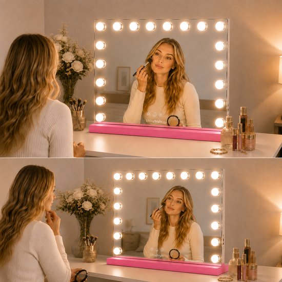 Livingbright - Make Up Spiegel - Hollywood Spiegel met Verlichting 80X60CM - 3 Lichtkleuren - Dimbaar - USB Oplader - Roze - afbeelding 7