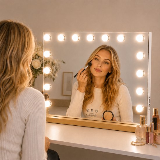 Livingbright - Make Up Spiegel - Hollywood Spiegel met Verlichting 58X46CM - 3 Lichtkleuren - Dimbaar - USB Oplader - Goud - afbeelding 7