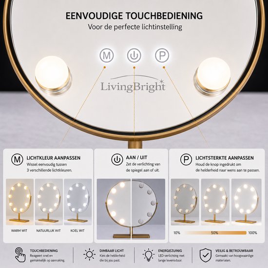 Livingbright - Make Up Spiegel met Verlichting - Rond - Roterend - 9 Leds - Goud - afbeelding 8