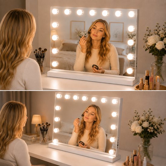 Livingbright - Make Up Spiegel - Hollywood Spiegel met Verlichting 58X46CM - 3 Lichtkleuren - Dimbaar - USB Oplader - Wit - afbeelding 7