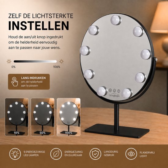 Livingbright - Make Up Spiegel met Verlichting - Rond - Roterend - 9 Leds - Zwart - afbeelding 5