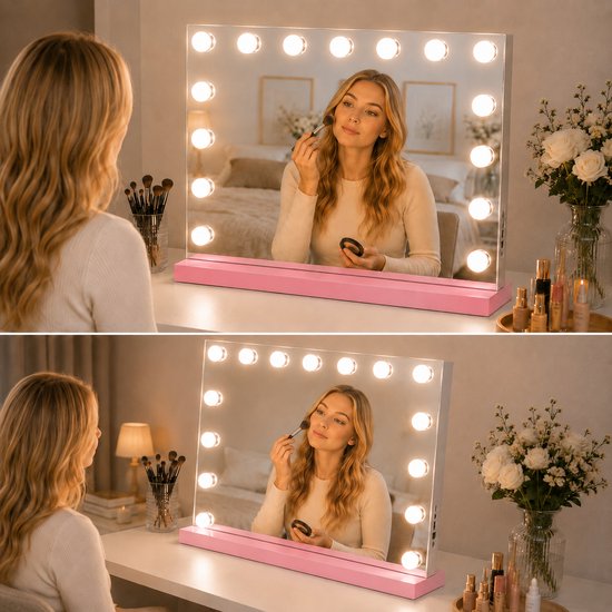 Livingbright - Make Up Spiegel - Hollywood Spiegel met Verlichting 58X46CM - 3 Lichtkleuren - Dimbaar - USB Oplader - Roze - afbeelding 7