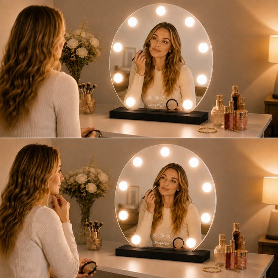 Livingbright - Make Up Spiegel Rond - Hollywood Spiegel met Verlichting 40X47CM - 3 Lichtkleuren - Dimbaar - USB Oplader - Zwart - afbeelding 7