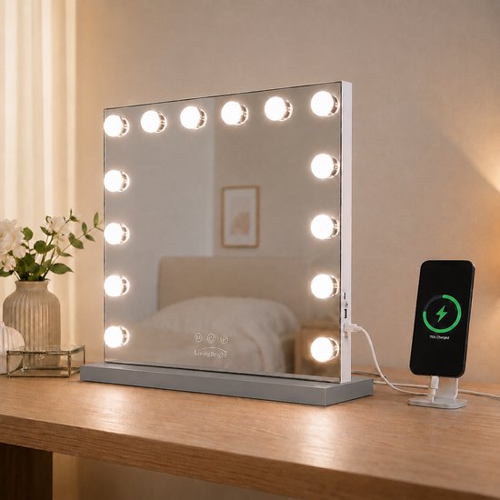 Livingbright - Make Up Spiegel - Hollywood Spiegel met Verlichting 50X40CM - 3 Lichtkleuren - Dimbaar - USB Oplader - Grijs - afbeelding 5