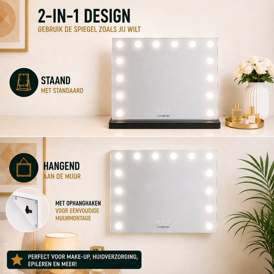 Livingbright - Make Up Spiegel - Hollywood Spiegel met Verlichting 50X40CM - 3 Lichtkleuren - Dimbaar - USB Oplader - Zwart - afbeelding 5