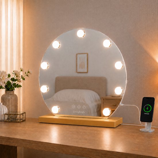 Livingbright - Make Up Spiegel Rond - Hollywood Spiegel met Verlichting 40X47CM - 3 Lichtkleuren - Dimbaar - USB Oplader - Goud - afbeelding 7