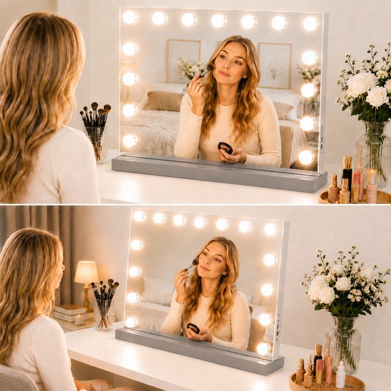 Livingbright - Make Up Spiegel - Hollywood Spiegel met Verlichting 58X46CM - 3 Lichtkleuren - Dimbaar - USB Oplader - Grijs - afbeelding 7