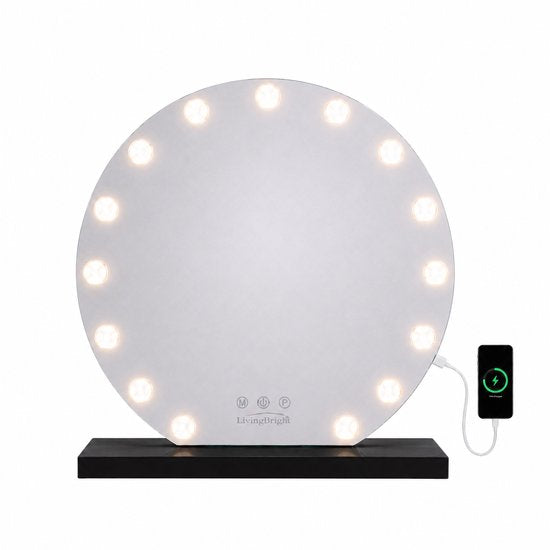 Livingbright - Make Up Spiegel Rond - Hollywood Spiegel met Verlichting 60X66CM - 3 Lichtkleuren - Dimbaar - USB Oplader - Zwart - afbeelding 1