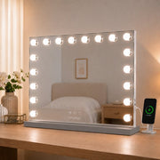 Livingbright - Make Up Spiegel - Hollywood Spiegel met Verlichting 80X60CM - 3 Lichtkleuren - Dimbaar - USB Oplader - Grijs - afbeelding 12