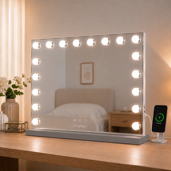 Livingbright - Make Up Spiegel - Hollywood Spiegel met Verlichting 80X60CM - 3 Lichtkleuren - Dimbaar - USB Oplader - Grijs - afbeelding 12
