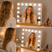 Livingbright - Make Up Spiegel - Hollywood Spiegel met Verlichting 50X40CM - 3 Lichtkleuren - Dimbaar - USB Oplader - Goud - afbeelding 7
