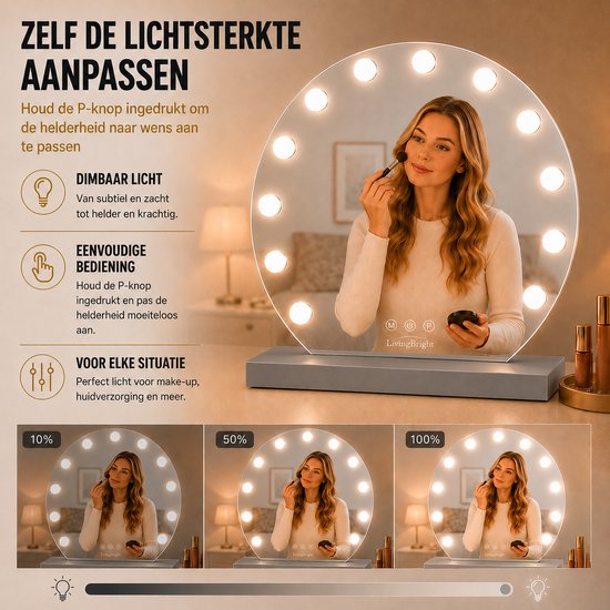 Livingbright - Make Up Spiegel Rond - Hollywood Spiegel met Verlichting 50X55CM - 3 Lichtkleuren - Dimbaar - USB Oplader - Grijs - afbeelding 2