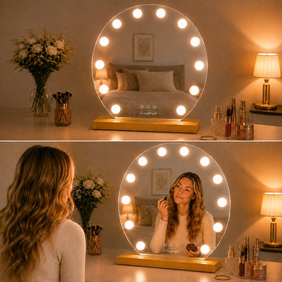 Livingbright - Make Up Spiegel Rond - Hollywood Spiegel met Verlichting 50X55CM - 3 Lichtkleuren - Dimbaar - USB Oplader - Goud - afbeelding 5