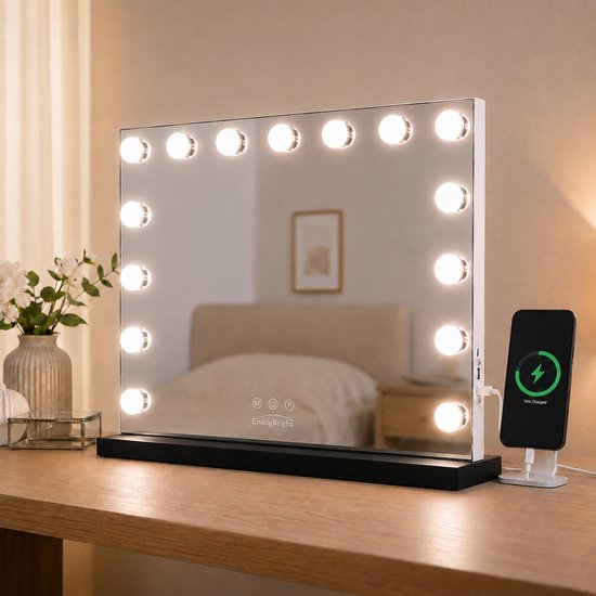 Livingbright - Make Up Spiegel - Hollywood Spiegel met Verlichting 58X46CM - 3 Lichtkleuren - Dimbaar - USB Oplader - Zwart - afbeelding 8