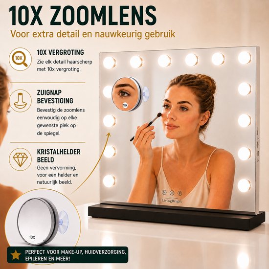 Livingbright - Make Up Spiegel - Hollywood Spiegel met Verlichting 50X40CM - 3 Lichtkleuren - Dimbaar - USB Oplader - Zwart - afbeelding 6
