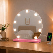 Livingbright - Make Up Spiegel Rond - Hollywood Spiegel met Verlichting 40X47CM - 3 Lichtkleuren - Dimbaar - USB Oplader - Roze - afbeelding 8