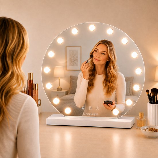 Livingbright - Make Up Spiegel Rond - Hollywood Spiegel met Verlichting 60X66CM - 3 Lichtkleuren - Dimbaar - USB Oplader - Wit - afbeelding 7