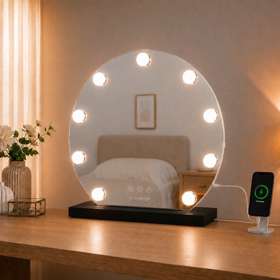 Livingbright - Make Up Spiegel Rond - Hollywood Spiegel met Verlichting 40X47CM - 3 Lichtkleuren - Dimbaar - USB Oplader - Zwart - afbeelding 8