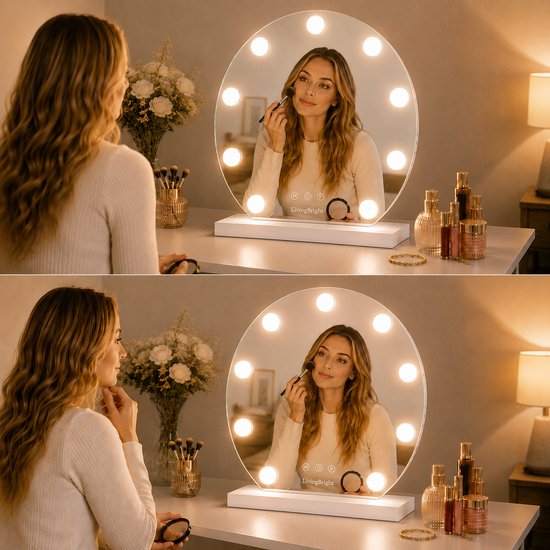 Livingbright - Make Up Spiegel Rond - Hollywood Spiegel met Verlichting 40X47CM - 3 Lichtkleuren - Dimbaar - USB Oplader - Wit - afbeelding 8