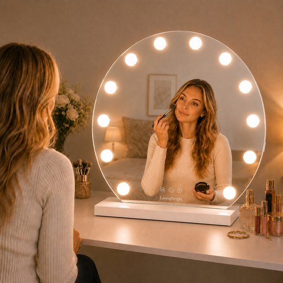 Livingbright - Make Up Spiegel Rond - Hollywood Spiegel met Verlichting 50X55CM - 3 Lichtkleuren - Dimbaar - USB Oplader - Wit - afbeelding 8