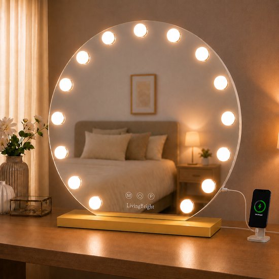 Livingbright - Make Up Spiegel Rond - Hollywood Spiegel met Verlichting 60X66CM - 3 Lichtkleuren - Dimbaar - USB Oplader - Goud - afbeelding 8