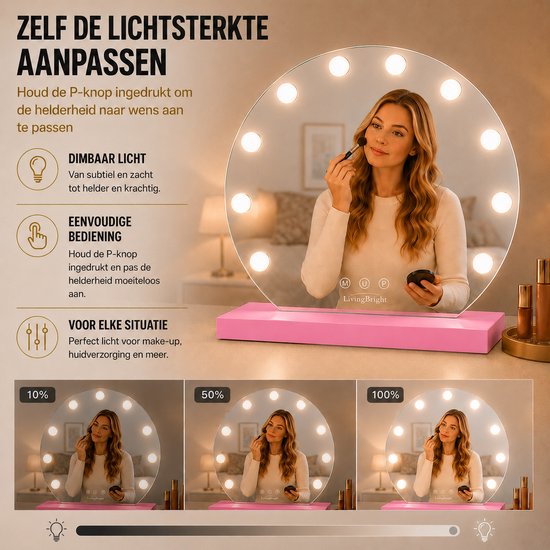 Livingbright - Make Up Spiegel Rond - Hollywood Spiegel met Verlichting 50X55CM - 3 Lichtkleuren - Dimbaar - USB Oplader - Roze - afbeelding 9