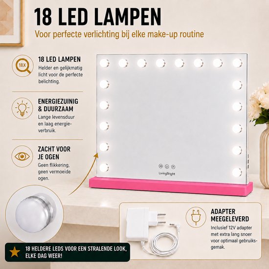 Livingbright - Make Up Spiegel - Hollywood Spiegel met Verlichting 80X60CM - 3 Lichtkleuren - Dimbaar - USB Oplader - Roze - afbeelding 5