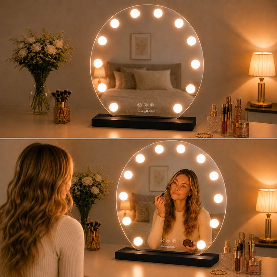 Livingbright - Make Up Spiegel Rond - Hollywood Spiegel met Verlichting 50X55CM - 3 Lichtkleuren - Dimbaar - USB Oplader - Zwart - afbeelding 9