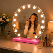 Livingbright - Make Up Spiegel Rond - Hollywood Spiegel met Verlichting 60X66CM - 3 Lichtkleuren - Dimbaar - USB Oplader - Roze - afbeelding 6