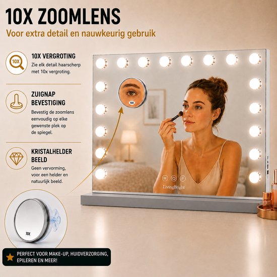 Livingbright - Make Up Spiegel - Hollywood Spiegel met Verlichting 80X60CM - 3 Lichtkleuren - Dimbaar - USB Oplader - Grijs - afbeelding 2