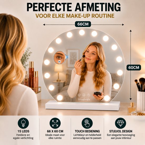 Livingbright - Make Up Spiegel Rond - Hollywood Spiegel met Verlichting 60X66CM - 3 Lichtkleuren - Dimbaar - USB Oplader - Wit - afbeelding 12