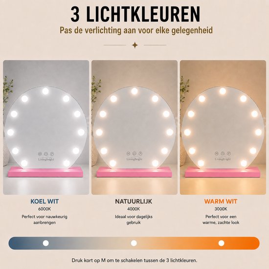 Livingbright - Make Up Spiegel Rond - Hollywood Spiegel met Verlichting 50X55CM - 3 Lichtkleuren - Dimbaar - USB Oplader - Roze - afbeelding 13