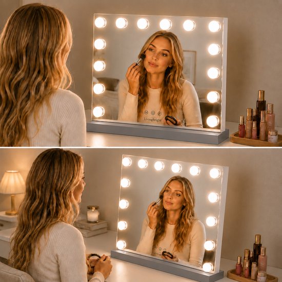 Livingbright - Make Up Spiegel - Hollywood Spiegel met Verlichting 50X40CM - 3 Lichtkleuren - Dimbaar - USB Oplader - Grijs - afbeelding 7