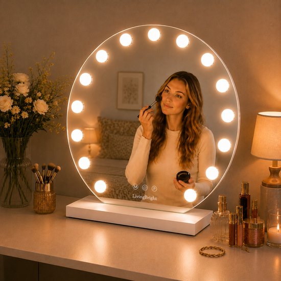 Livingbright - Make Up Spiegel Rond - Hollywood Spiegel met Verlichting 60X66CM - 3 Lichtkleuren - Dimbaar - USB Oplader - Wit - afbeelding 8