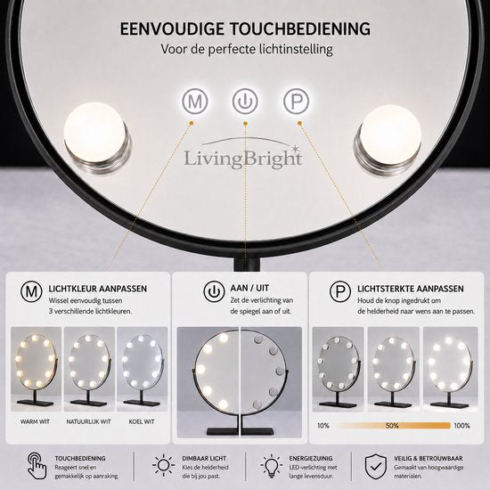 Livingbright - Make Up Spiegel met Verlichting - Rond - Roterend - 9 Leds - Zwart - afbeelding 7
