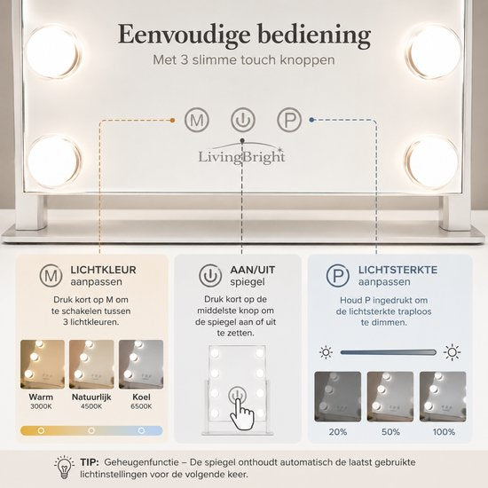 Livingbright - Make Up Spiegel met Verlichting - Draaibaar - Halfrond - Wit - afbeelding 7