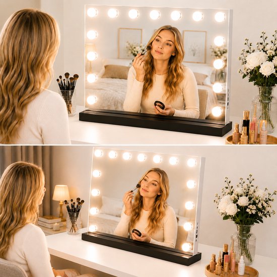 Livingbright - Make Up Spiegel - Hollywood Spiegel met Verlichting 58X46CM - 3 Lichtkleuren - Dimbaar - USB Oplader - Zwart - afbeelding 9