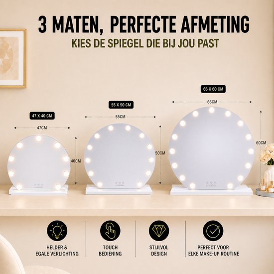 Livingbright - Make Up Spiegel Rond - Hollywood Spiegel met Verlichting 40X47CM - 3 Lichtkleuren - Dimbaar - USB Oplader - Wit - afbeelding 9