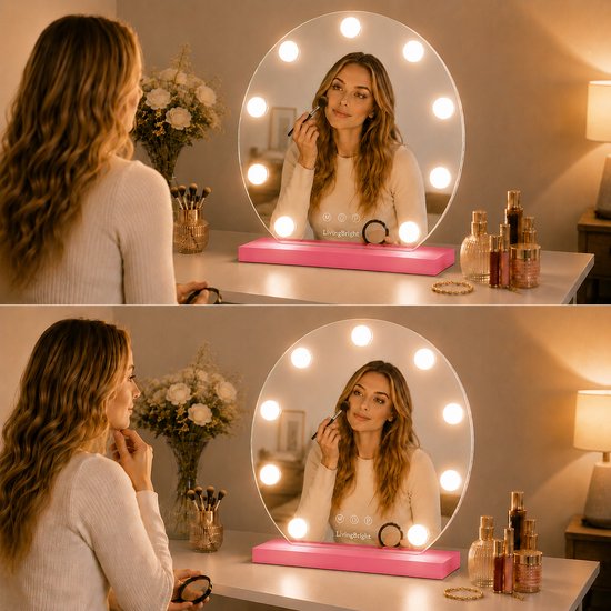 Livingbright - Make Up Spiegel Rond - Hollywood Spiegel met Verlichting 40X47CM - 3 Lichtkleuren - Dimbaar - USB Oplader - Roze - afbeelding 9