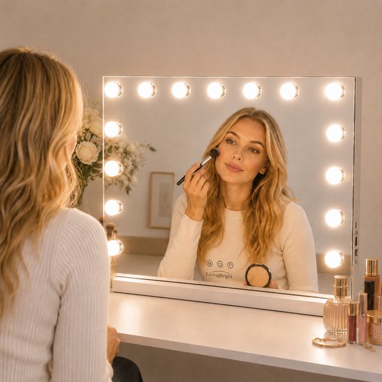 Livingbright - Make Up Spiegel - Hollywood Spiegel met Verlichting 58X46CM - 3 Lichtkleuren - Dimbaar - USB Oplader - Wit - afbeelding 9
